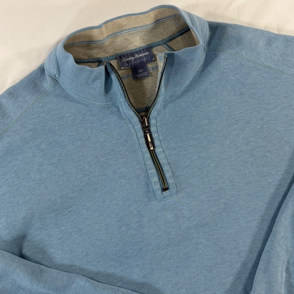 Tommy Bahama Reversible Quarter Zip Pullover Sweater Blue Tan 2XT Tall Mens